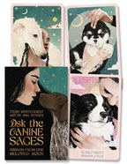 Set of four cards featuring images of people with dogs and text about 'The Canine Sages'.
