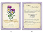 Card with pansy illustration and text on front and back