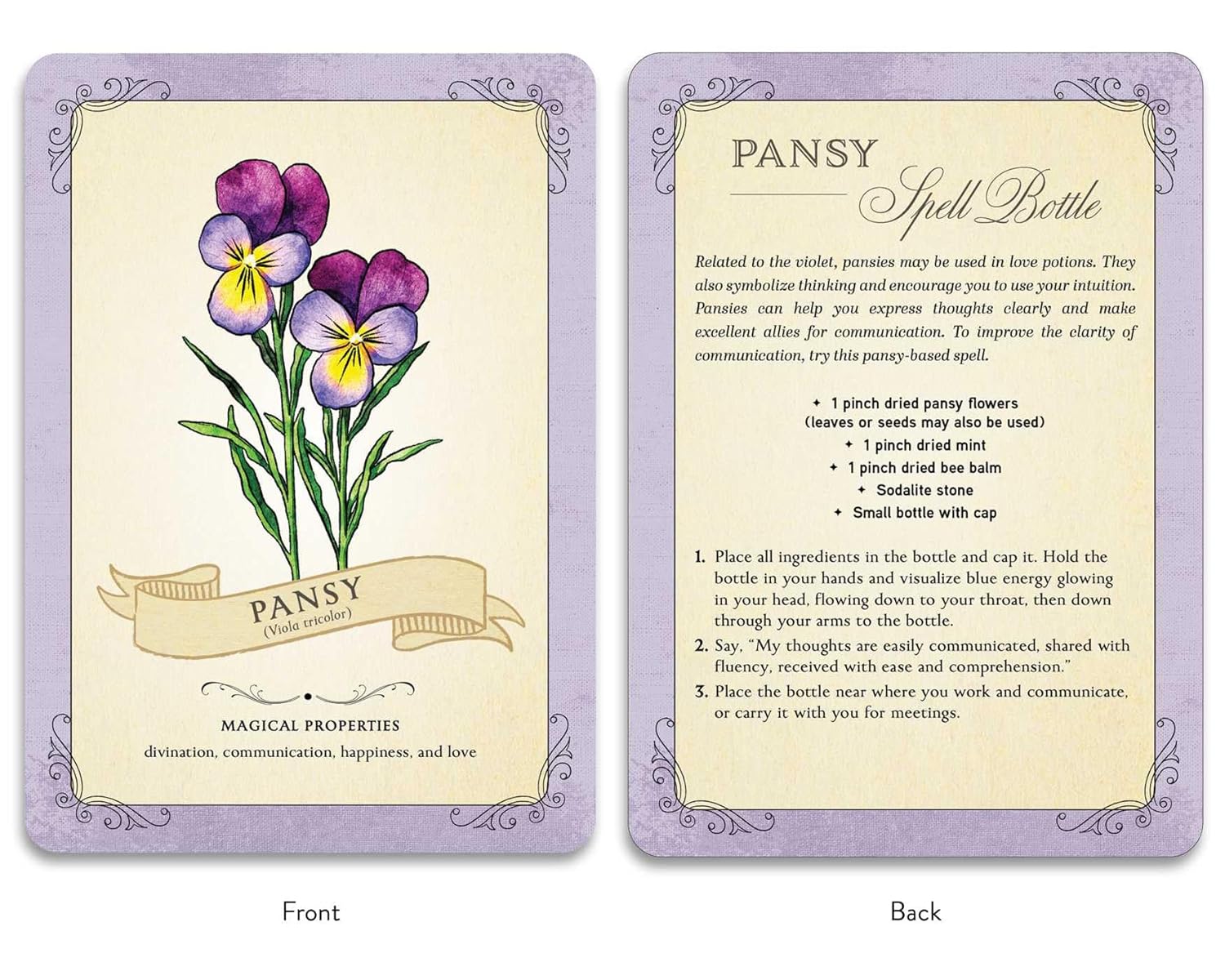 Card with pansy illustration and text on front and back