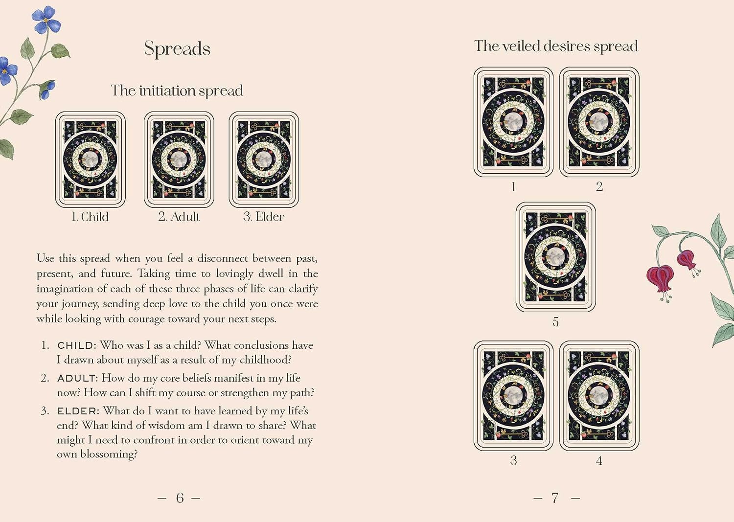 Pages from a book on tarot cards with card layouts and text.