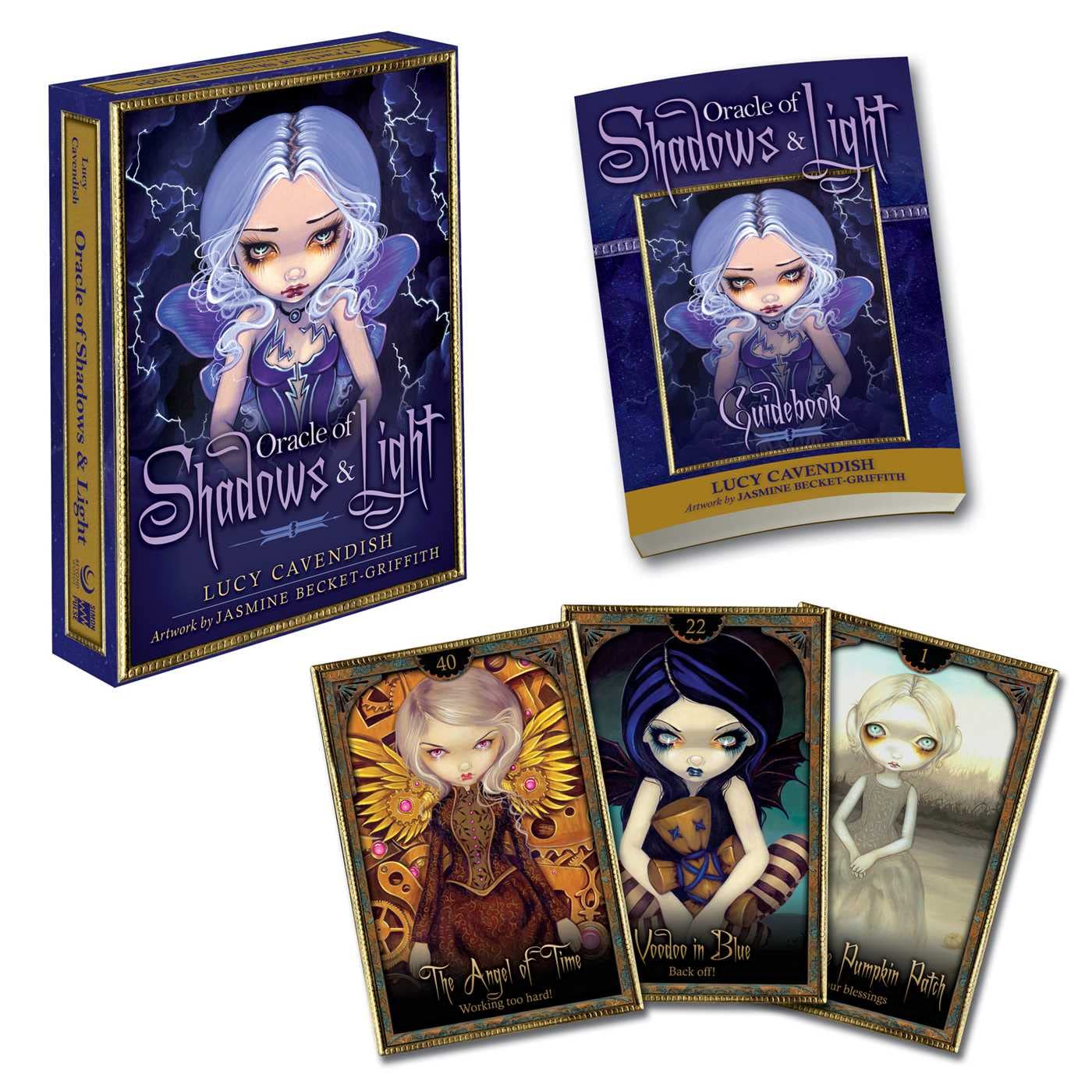 Oracle of Shadows & Light card game packaging with cards displayed on a white background