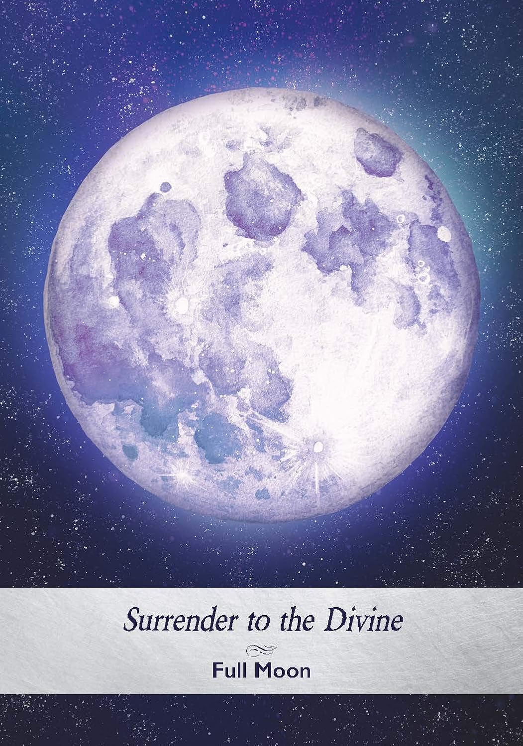 Full moon with a starry background and text 'Surrender to the Divine' at the bottom.