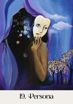 Artistic depiction of a person with purple hair holding a mask, with a night sky and trees in the background.