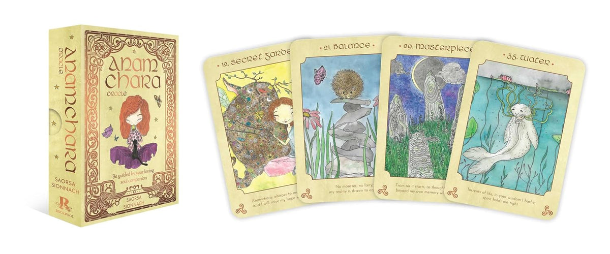 Amamara Chara tarot deck packaging and four illustrated cards displayed on a white background.