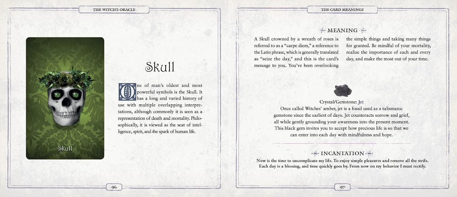 Book page with a skull illustration and text on a green background