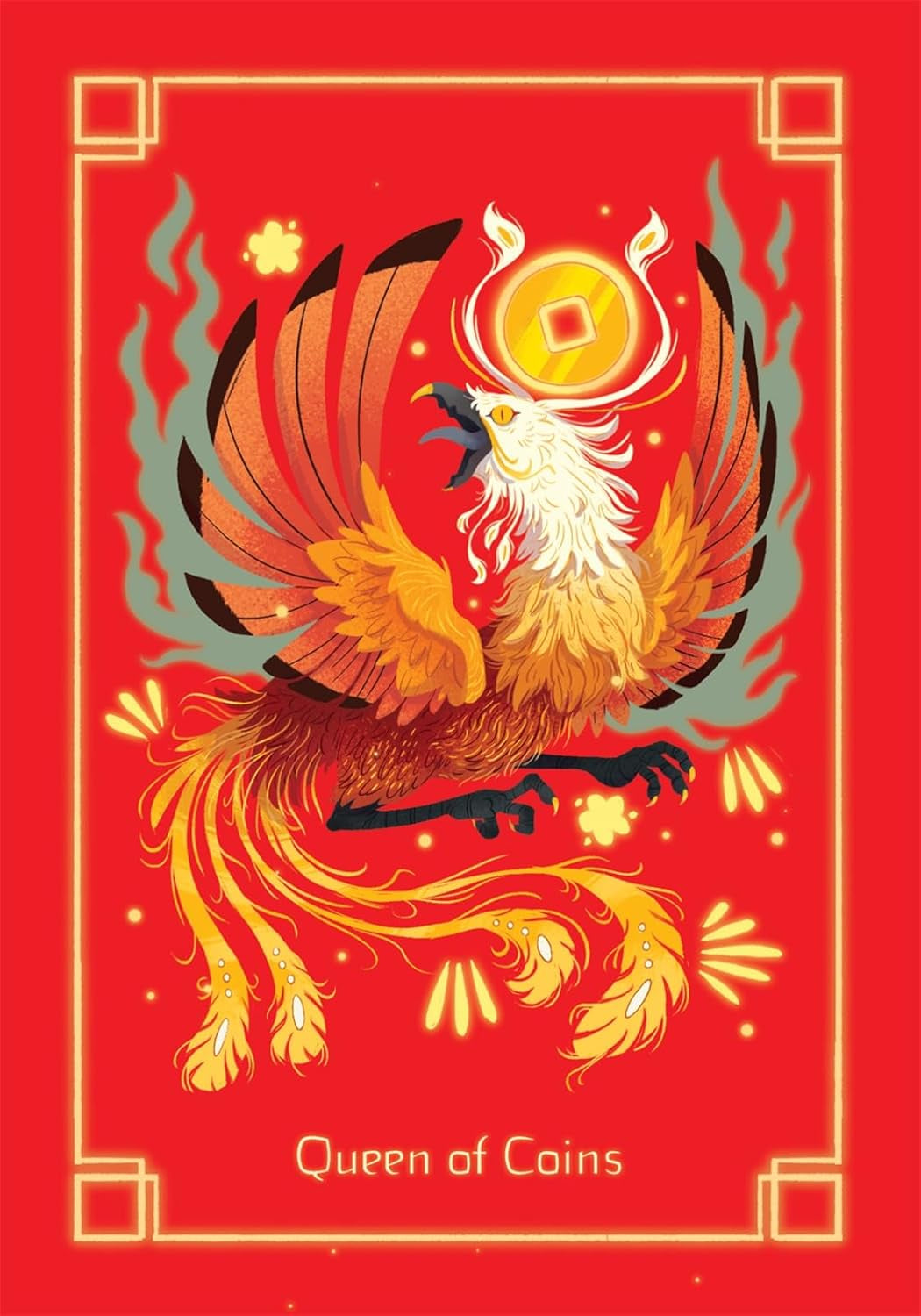 Illustration of a phoenix with flames and 'Queen of Coins' text on a red background