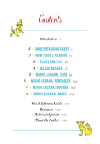 Table of contents for a tarot book with colorful text and illustrations on a white background.