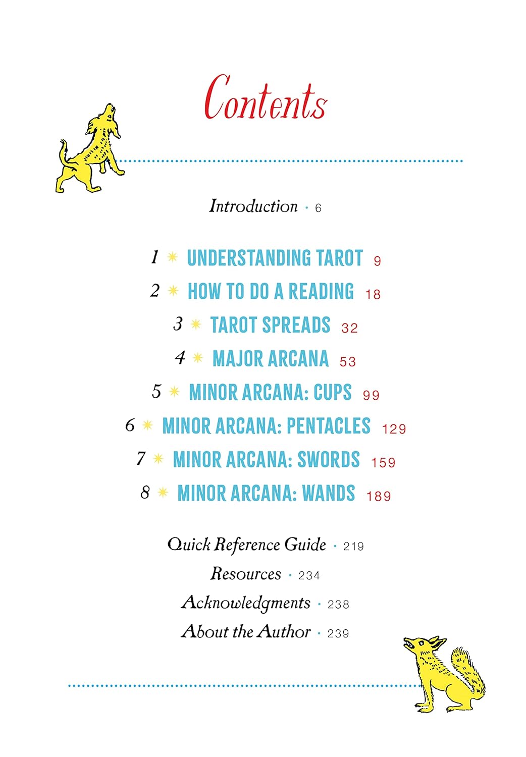 Table of contents for a tarot book with colorful text and illustrations on a white background.