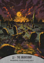 Illustration of a graveyard at night with a large moon and colorful sky.