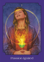Tarot card with a woman holding a flame, titled 'Passion Ignited' on a purple background.
