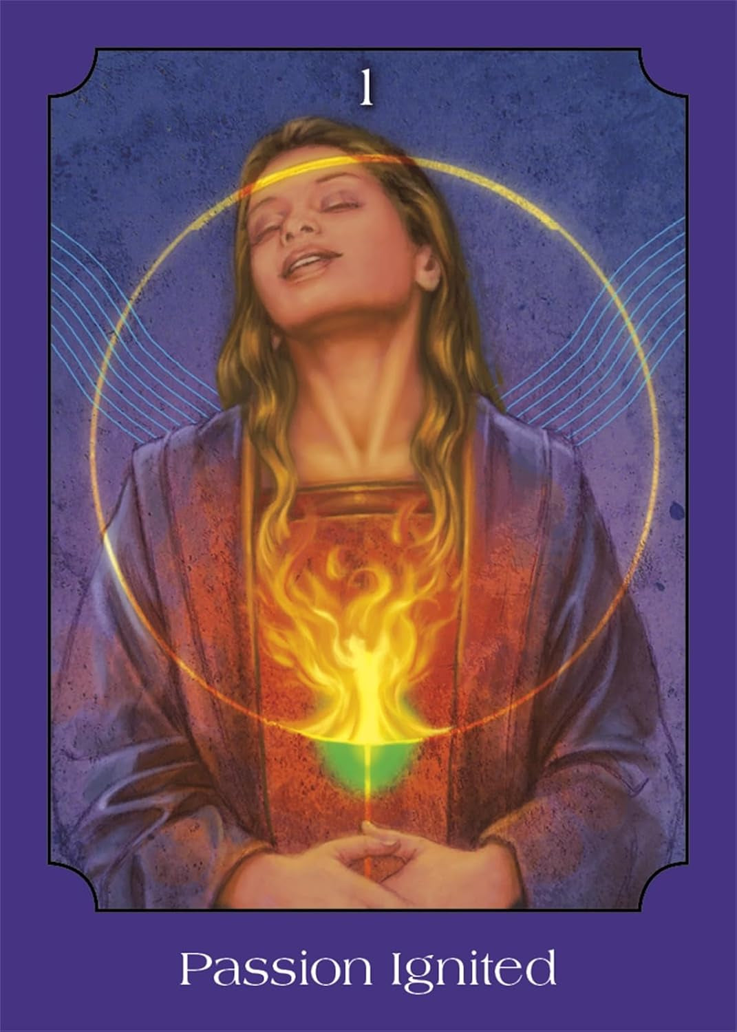 Tarot card with a woman holding a flame, titled 'Passion Ignited' on a purple background.