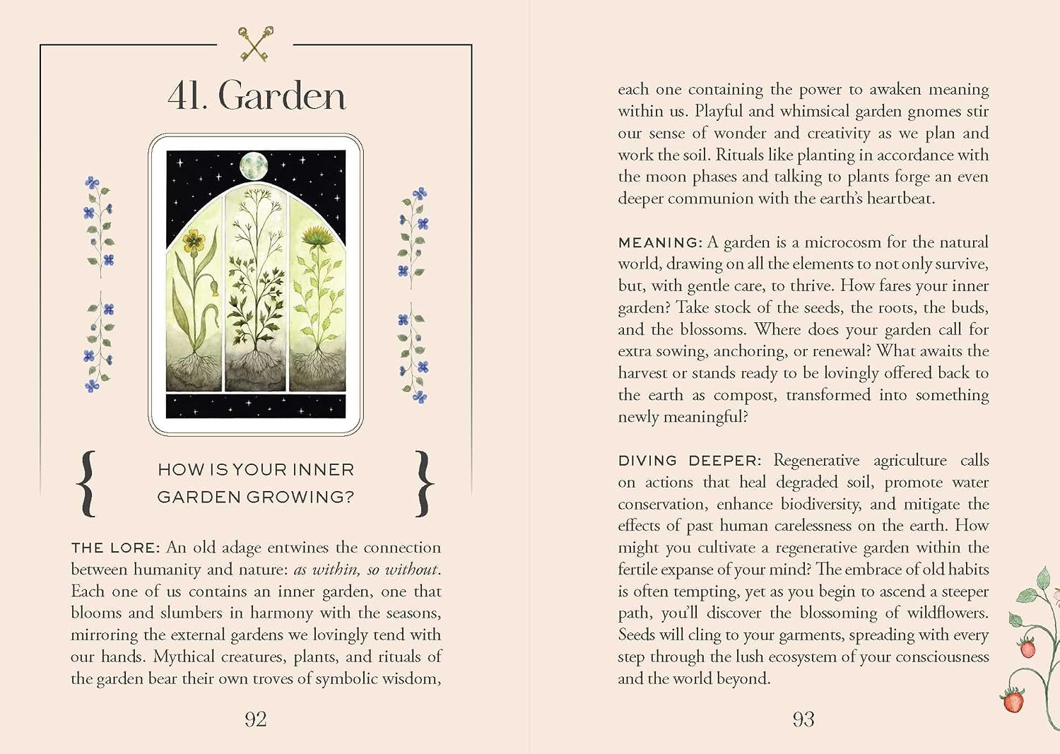 Page from a book or magazine with text and illustrations about gardens and inner growth.
