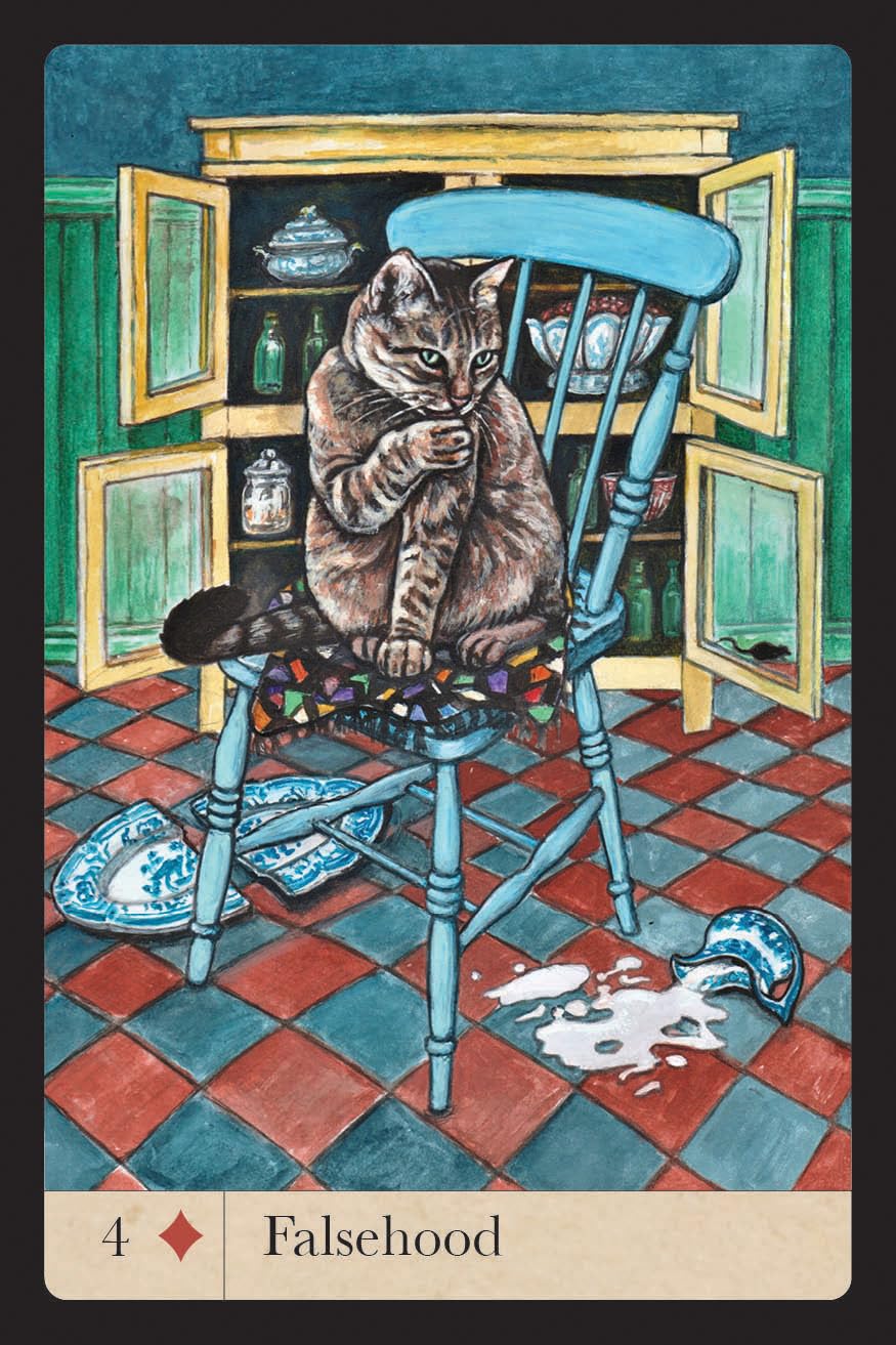 Card with a cat on a chair in a room setting, labeled '4 Falsehood'.