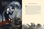 Gothic-style illustration with a woman, candelabra, and text on a dark background