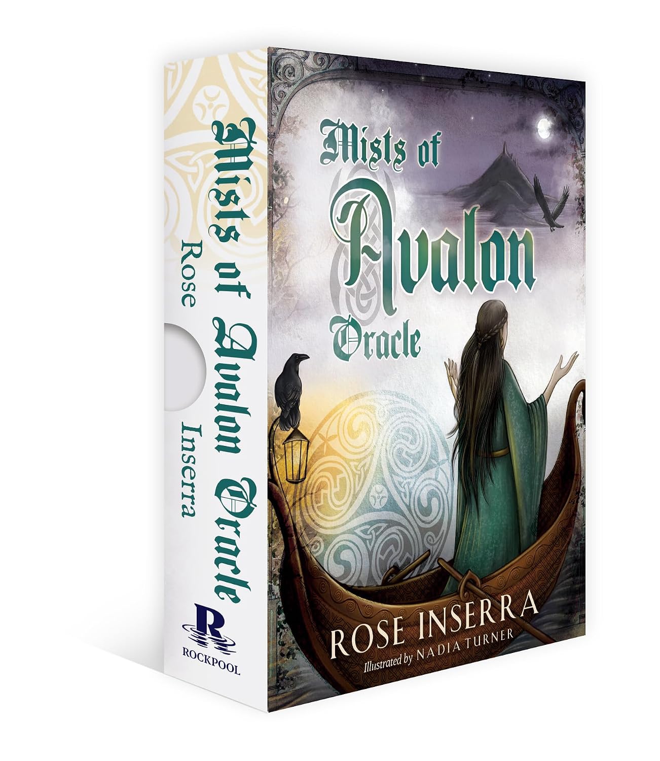 The book box for 'Mists of Avalon Oracle' by Rose Inserra, published by Rockpool. The box features a detailed fantasy illustration of a woman in a boat on the front cover and spine, with teal and gold lettering on a white and dark background.