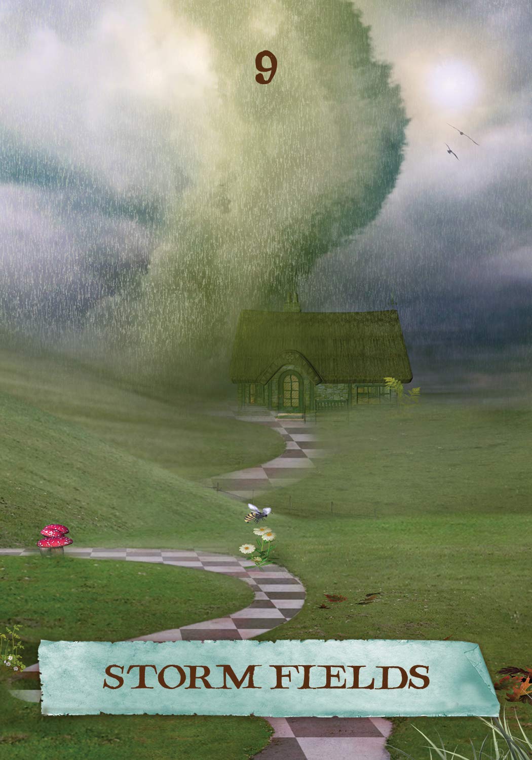 Tornado approaching a house with 'Storm Fields' text at the bottom
