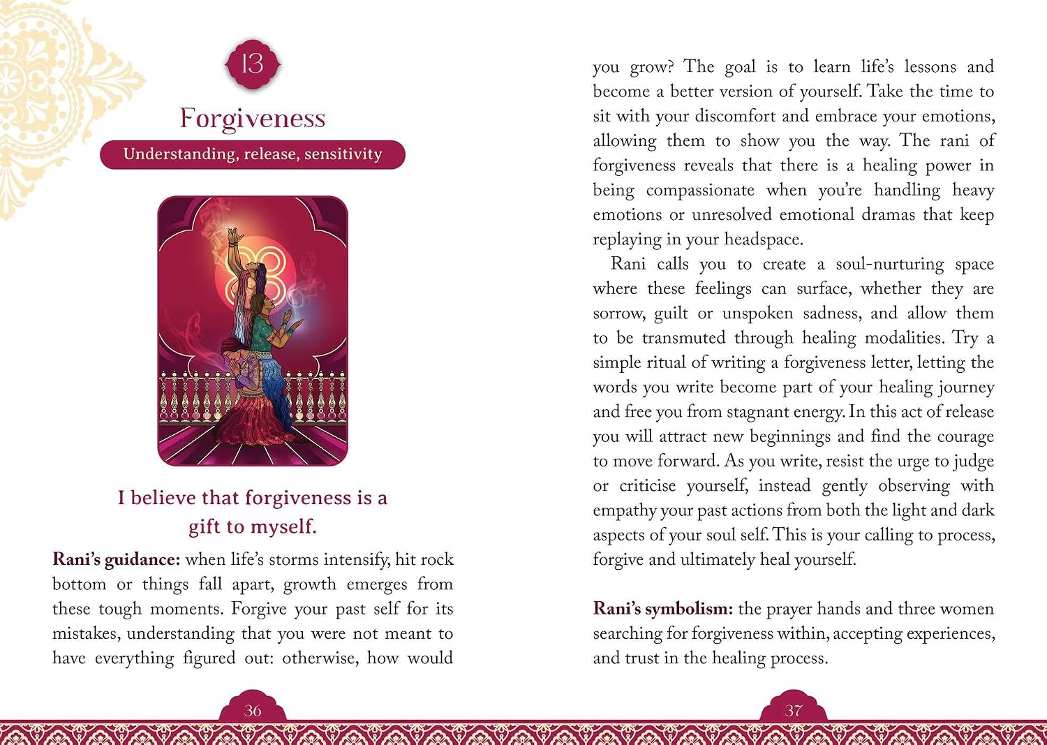 A printed page with the title 'Forgiveness' at the top, decorative cream and red border elements, a central illustration of a red ornate box with gold detailing, and two columns of text explaining forgiveness concepts and a named figure, Ranini.