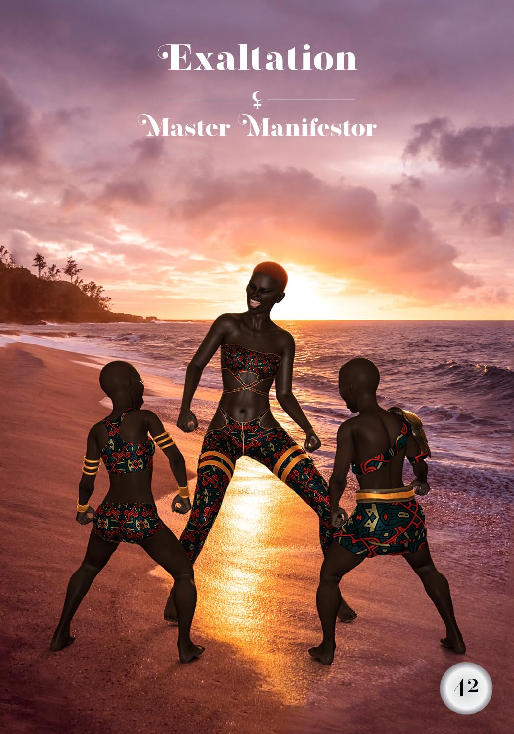 Three people on a beach at sunset with 'Exaltation & Master Manifestor' text above.