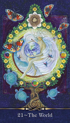 Tarot card titled 'The World' with a central figure, butterflies, flowers, and turtles on a starry night background.