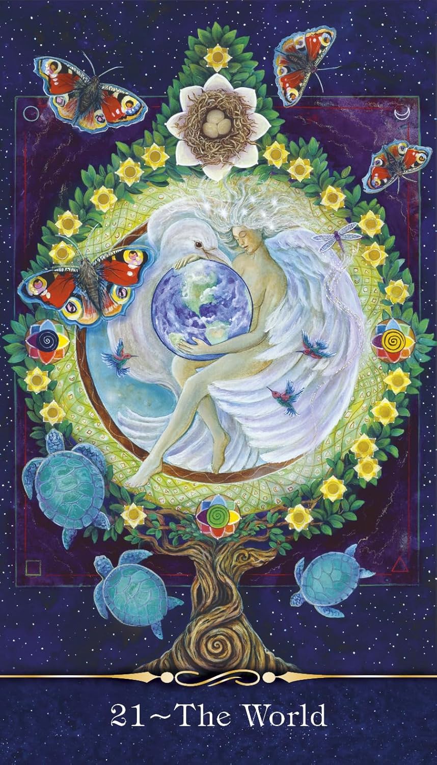 Tarot card titled 'The World' with a central figure, butterflies, flowers, and turtles on a starry night background.