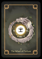 Card featuring a wheel of fortune design with a skull and tree, on a dark background.