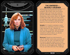 A stylized character card for Beverly Crusher from Star Trek, showing a portrait of the character in a blue uniform with text panels describing her personality and traits on a black futuristic interface background.