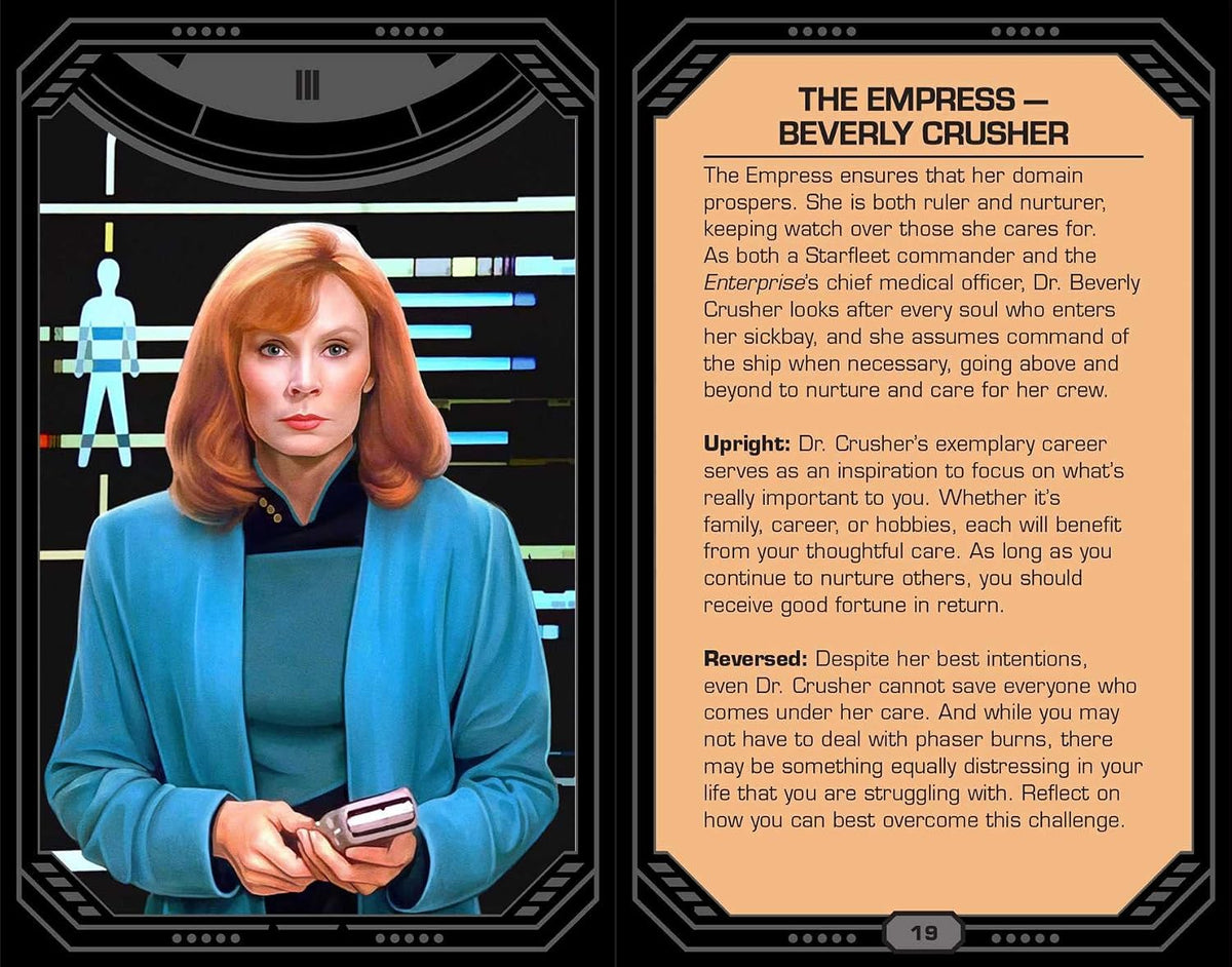 A stylized character card for Beverly Crusher from Star Trek, showing a portrait of the character in a blue uniform with text panels describing her personality and traits on a black futuristic interface background.