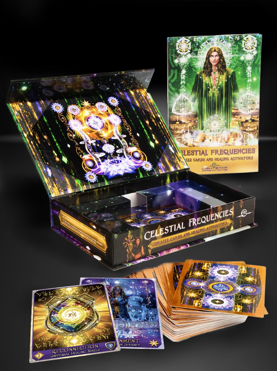 Collection of 'Celestial Frequencies' tarot cards and packaging on a dark background