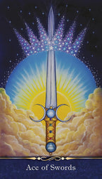 Ace of Swords tarot card with a sword in the clouds and stars in the background