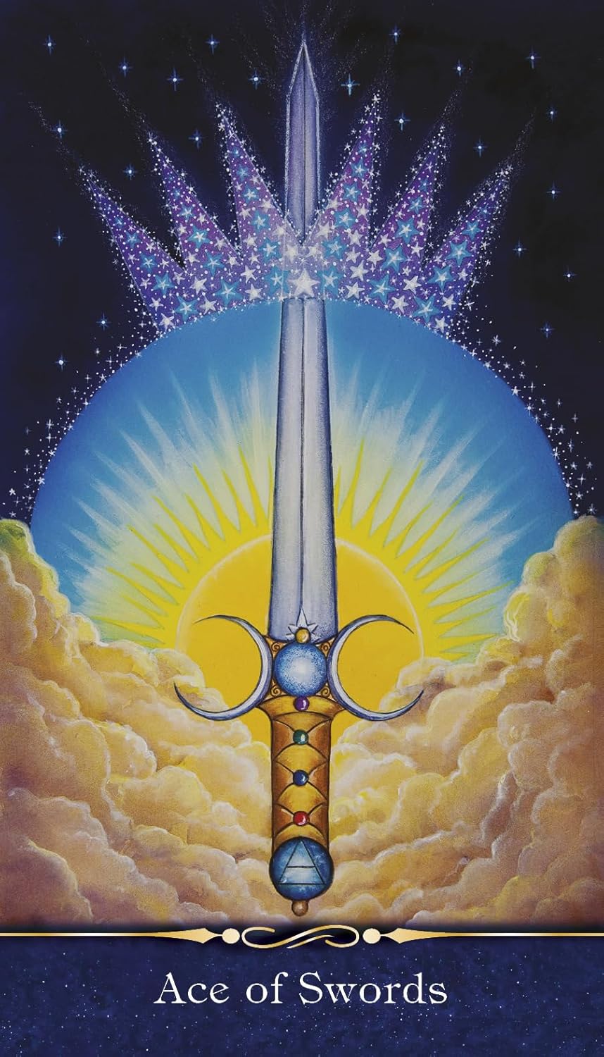 Ace of Swords tarot card with a sword in the clouds and stars in the background