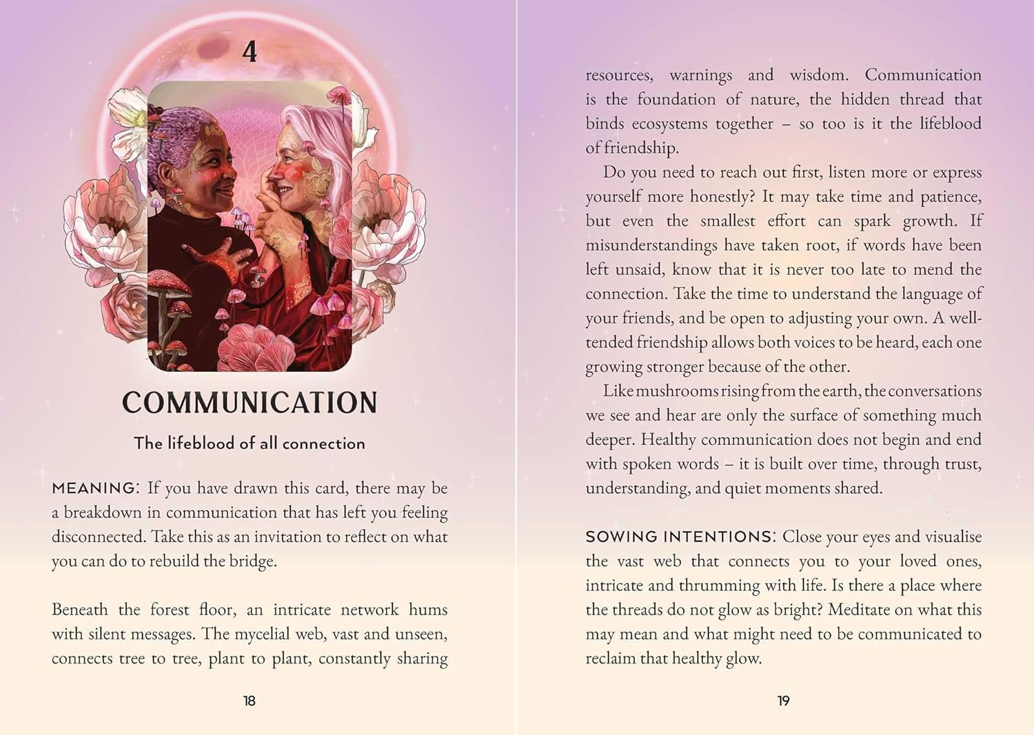 Card from a tarot or oracle deck with two people and flowers, titled 'Communication'.