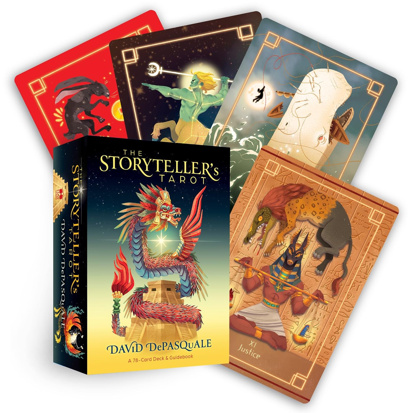 Storyteller's Tarot cards with colorful designs and a book titled 'The Storyteller's Tarot' by David DePasquale.