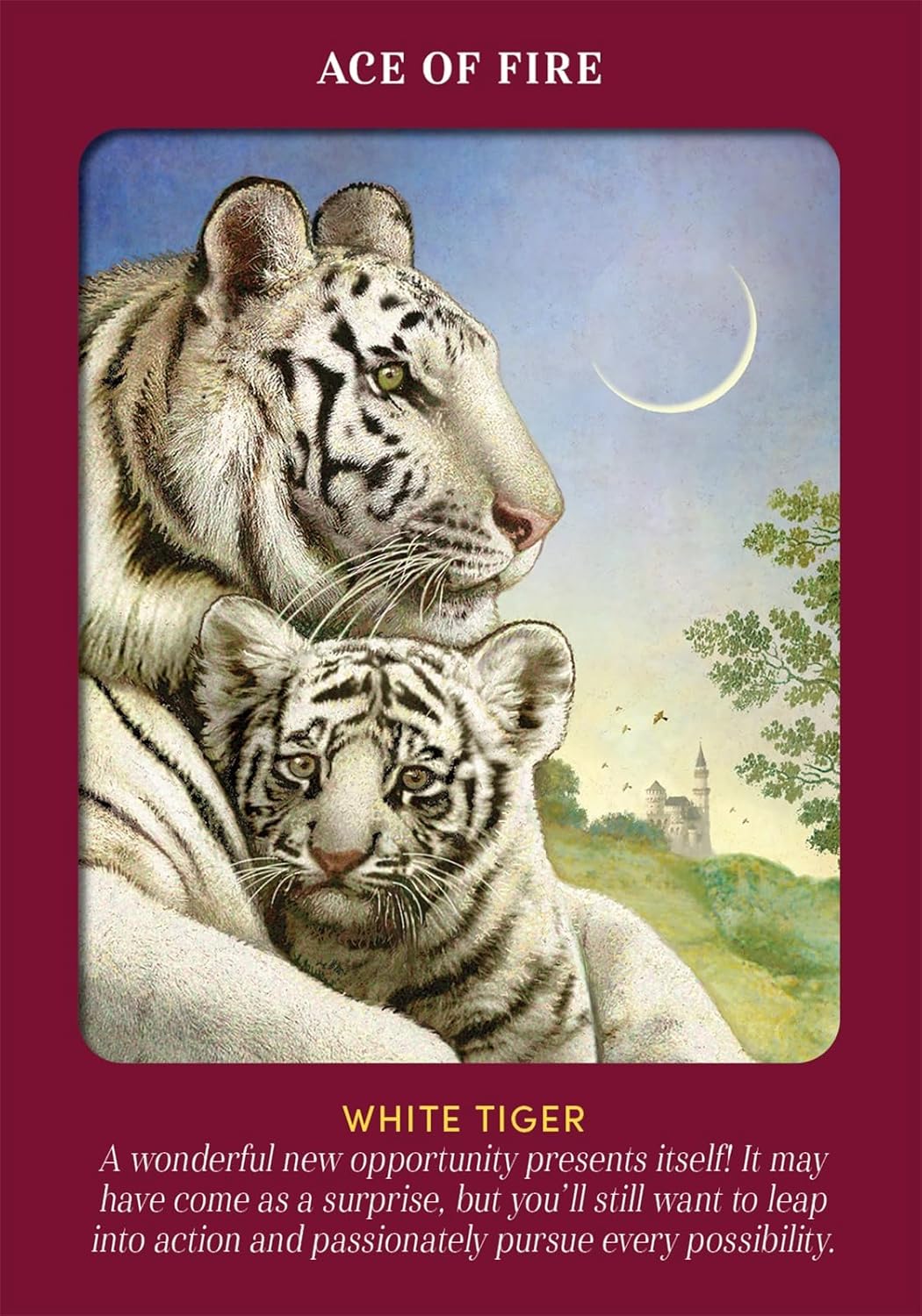 Card featuring two white tigers with a scenic background and text about a new opportunity.