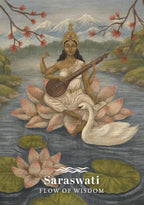 Illustration of Saraswati, the goddess of knowledge and music, sitting on a lotus flower with a swan and mountains in the background.