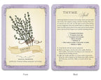 Two cards showing the front and back of a Thyme spell card with text and illustrations.