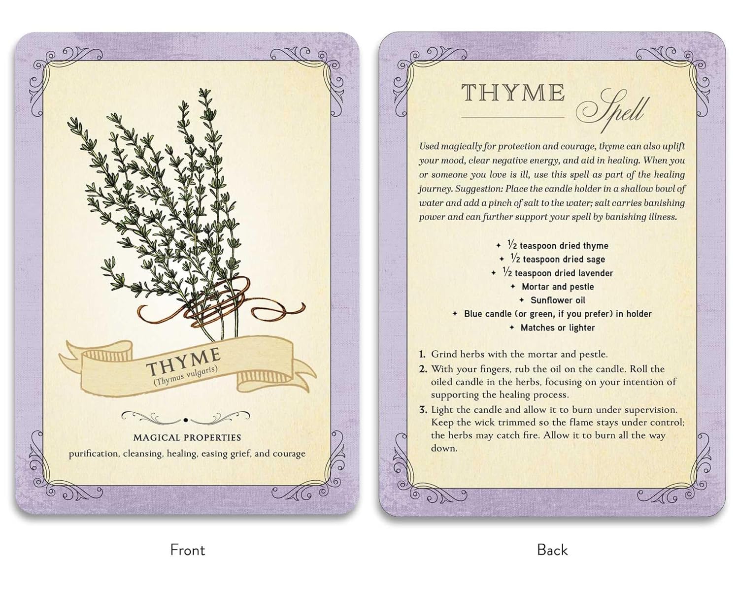 Two cards showing the front and back of a Thyme spell card with text and illustrations.