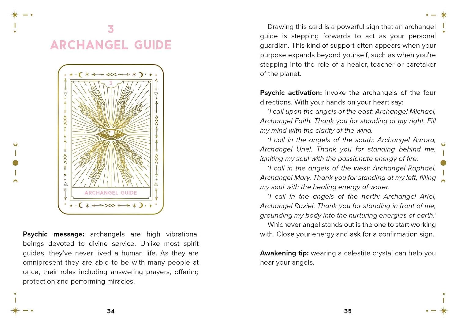 A printed card or booklet page titled '3 Archangel Guide' with a central illustration of an archangel and blocks of text on a white background.
