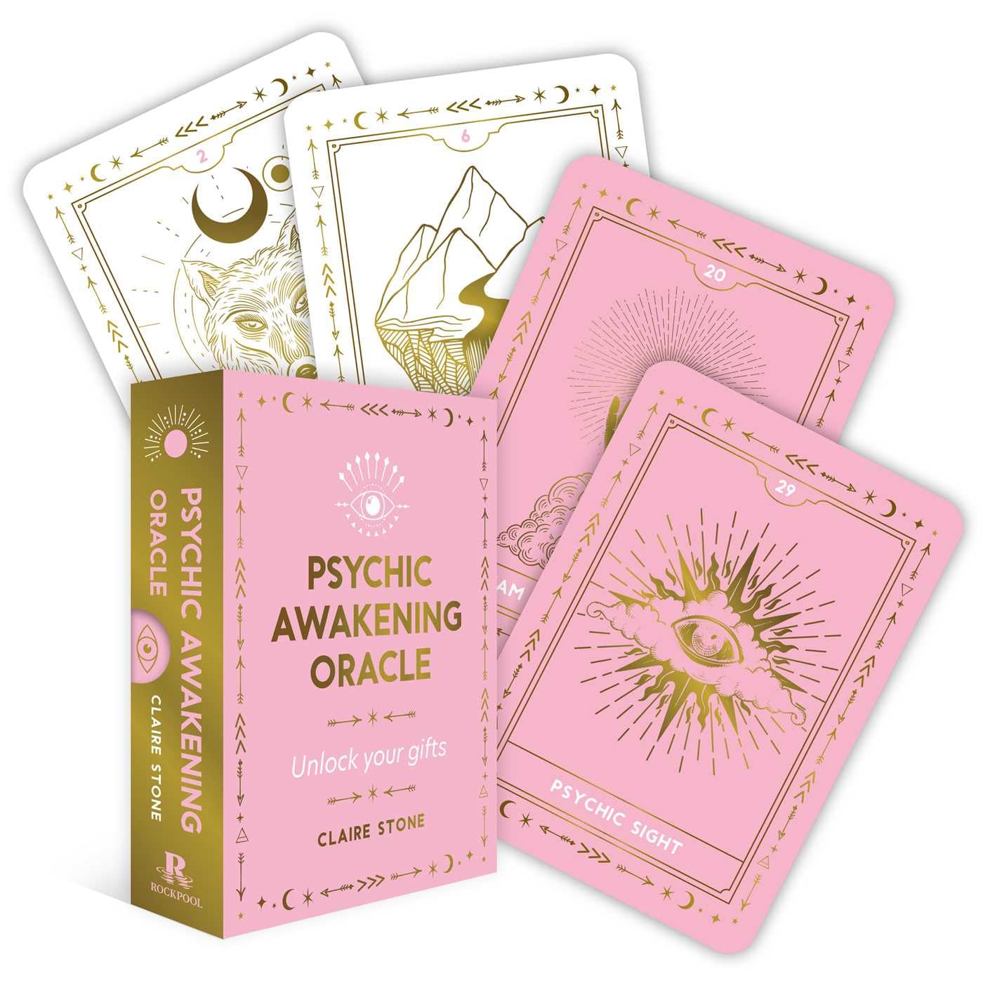 Psychic Awakening Oracle cards with packaging on a white background