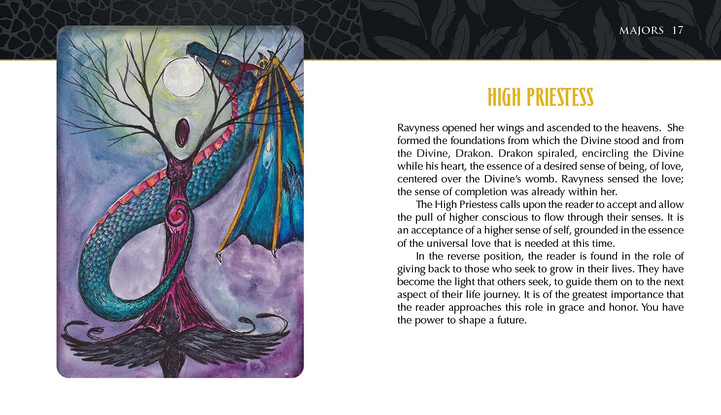 Magical book illustration with a dragon and a high priestess, accompanied by text.