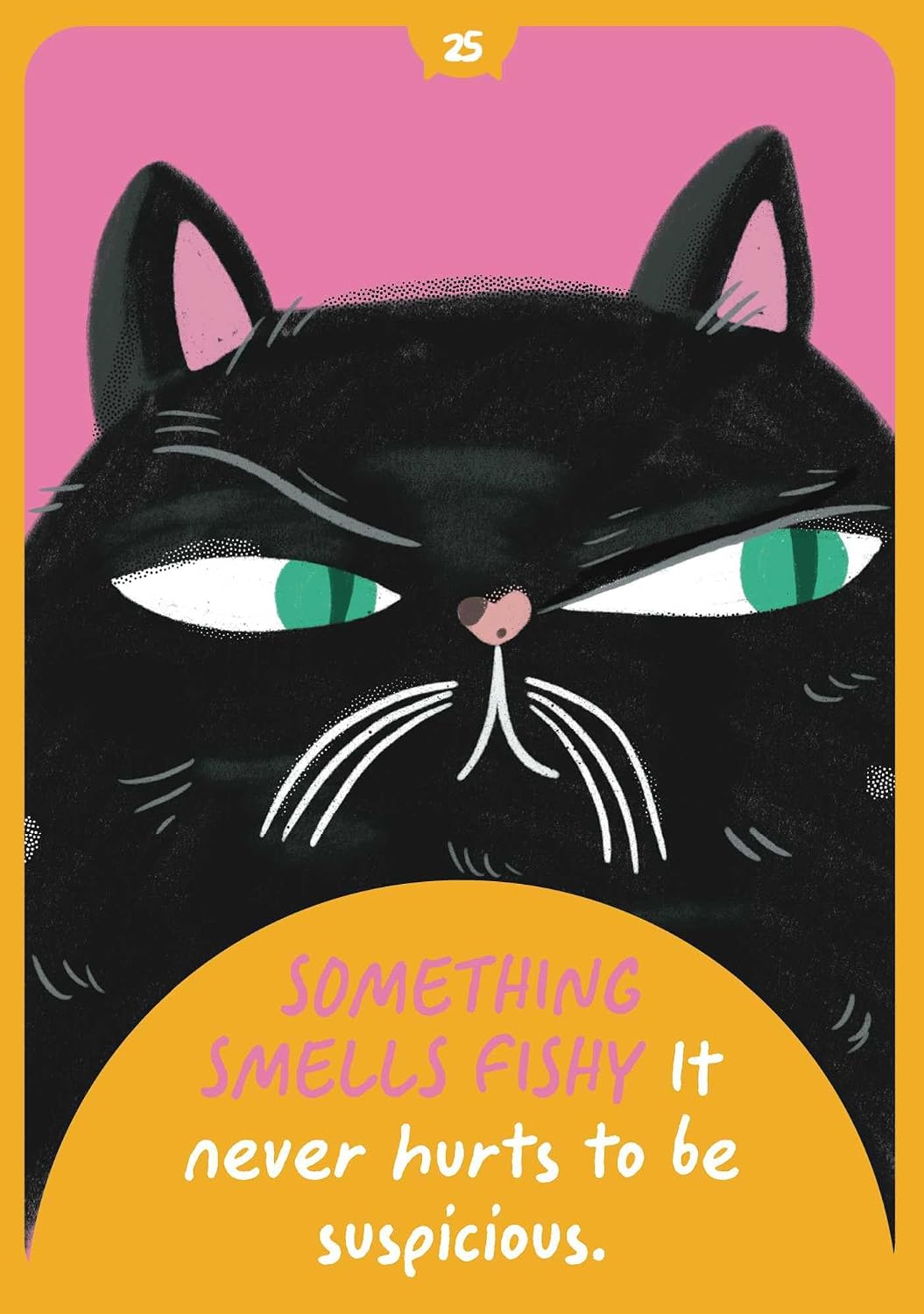 Black cat with green eyes on a pink background