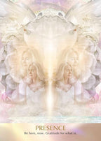 Mystical image with a central figure surrounded by light and angelic elements, featuring the word 'Presence'.