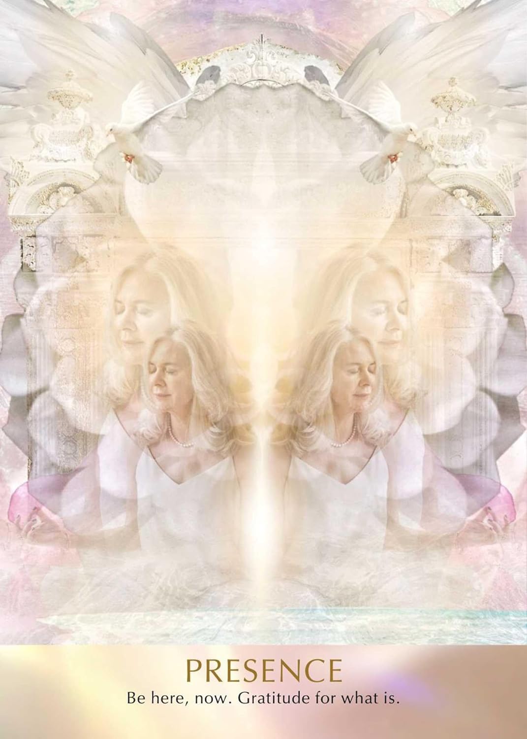 Mystical image with a central figure surrounded by light and angelic elements, featuring the word 'Presence'.