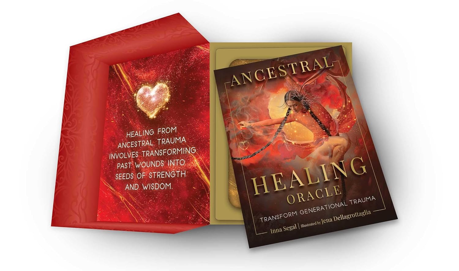 Ancestral Healing Oracle book with red and gold cover on a white background