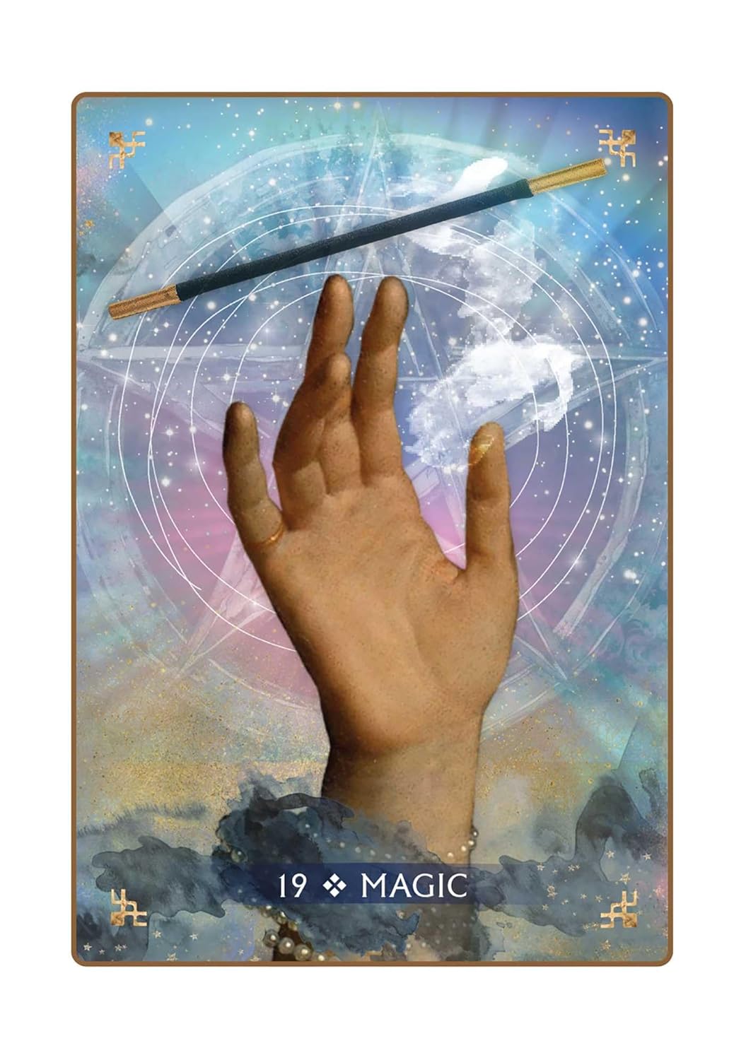 Tarot card with a hand reaching towards a wand over a mystical background, labeled '19 Magic'.