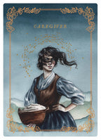 Illustration of a woman holding a basket with 'Caregiver' text, framed with decorative elements.