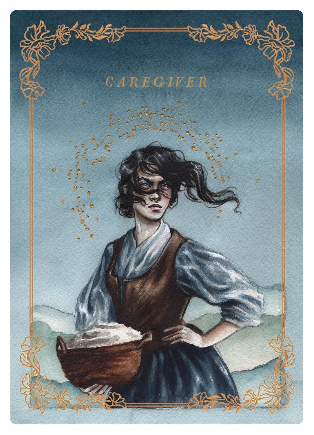 Illustration of a woman holding a basket with 'Caregiver' text, framed with decorative elements.