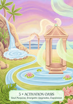 A colorful illustrated scene with a waterfall, winding blue stream, pink lotus flowers, and a beige pavilion structure in the foreground. The sky is pastel purple and pink, with decorative foliage around the edges.