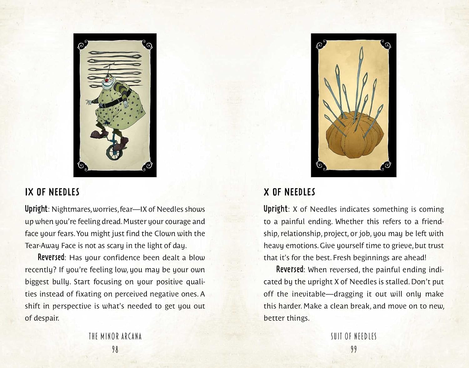 Two tarot card illustrations with descriptions on a beige background