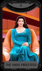 A stylized tarot card illustration titled 'THE HIGH PRIESTESS' showing a woman seated in an orange chair wearing a teal dress, framed by a black border with decorative corner details.