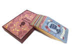 Set of cards with decorative covers featuring literary design elements on a white background